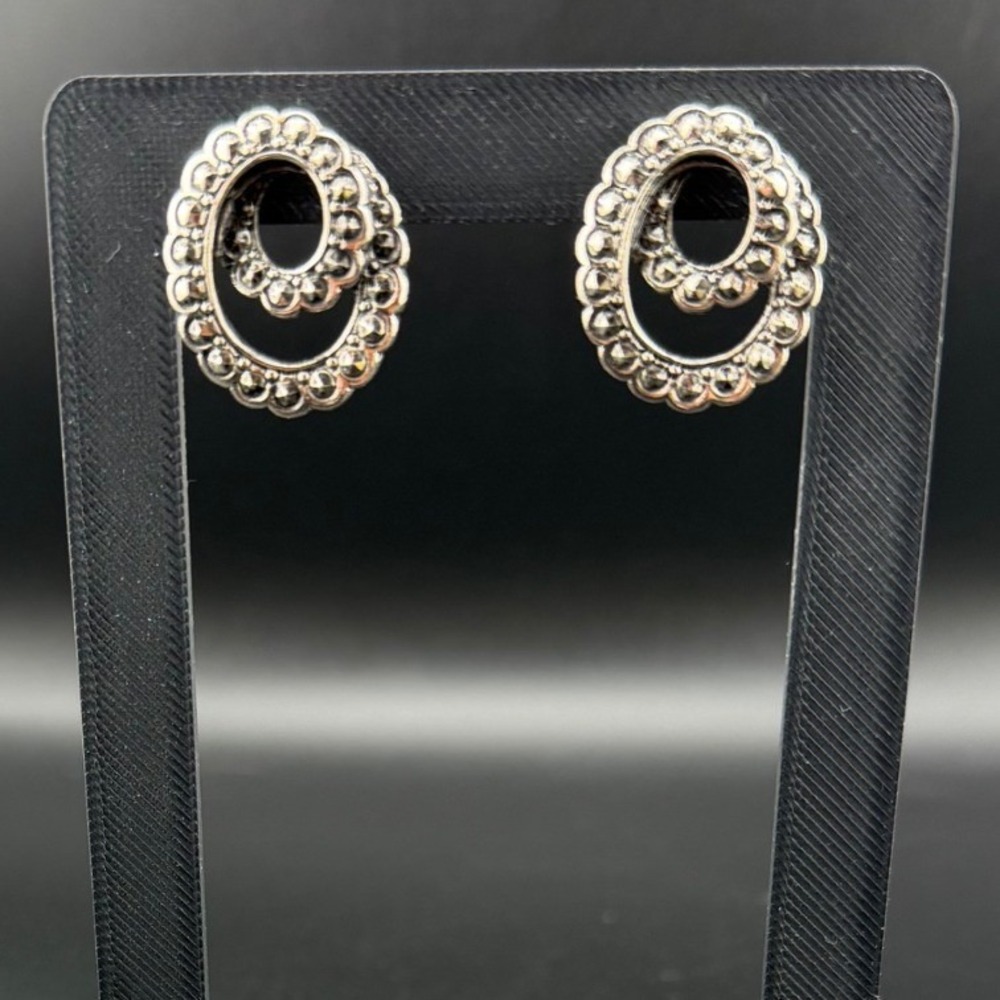 Avon Swirl Double Oval Stud Earrings Silver Tone Marcasite Style Victorian